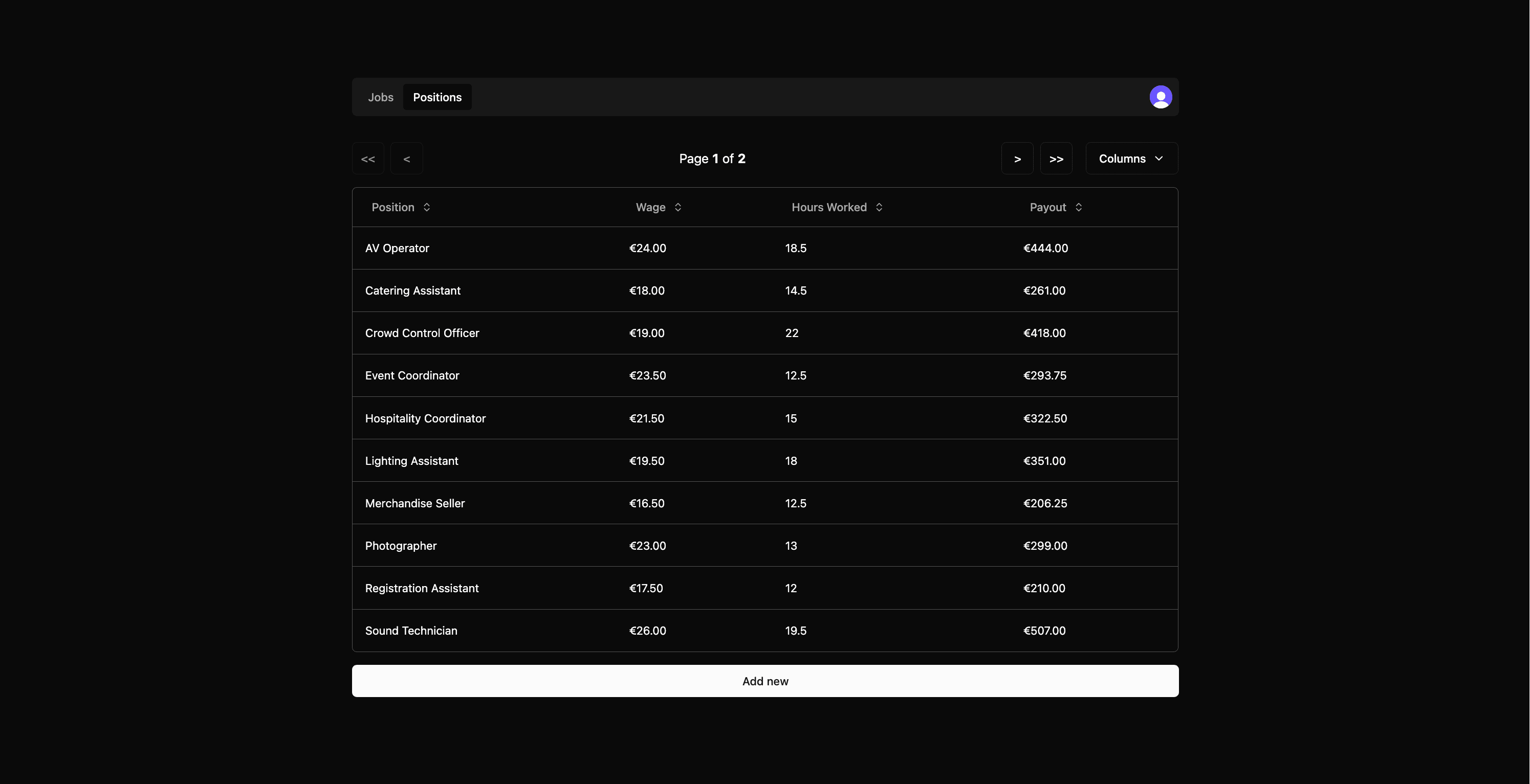 JobKeeper Positions Dashboard displaying a paginated table of different positions with wages, hours worked, and total payouts